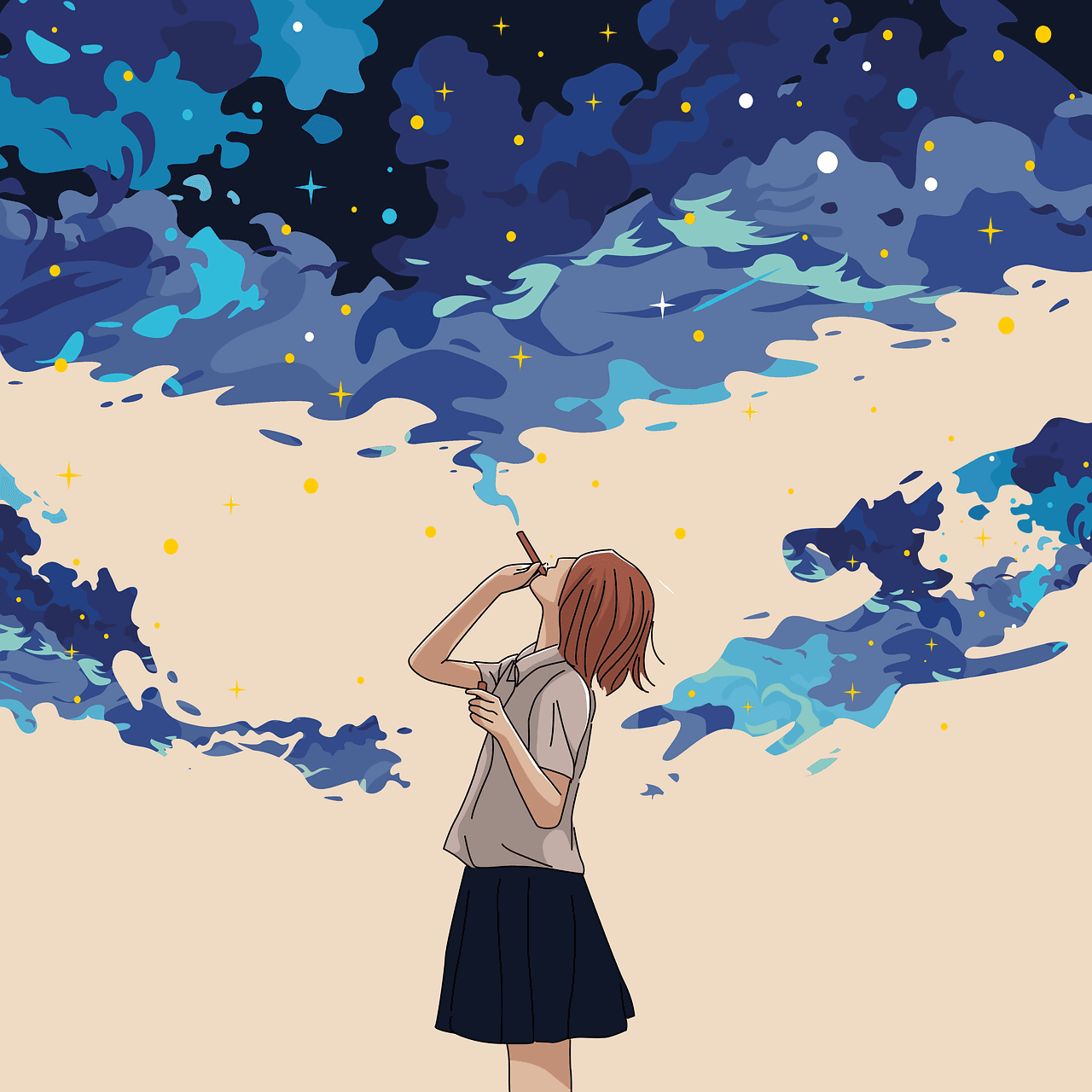 Illustration of a girl beneath a starry sky